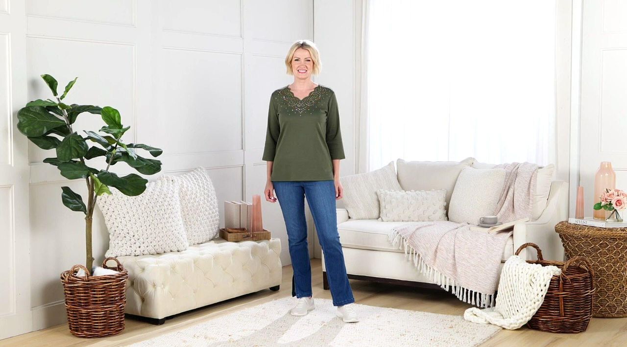 Quacker Factory Swirling Leaves Scalloped 3/4 Sleeve Top