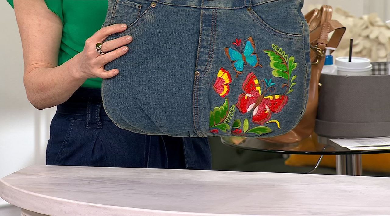 Patricia Nash Denim Butterfly Embroidered Hartley Hobo - QVC.com