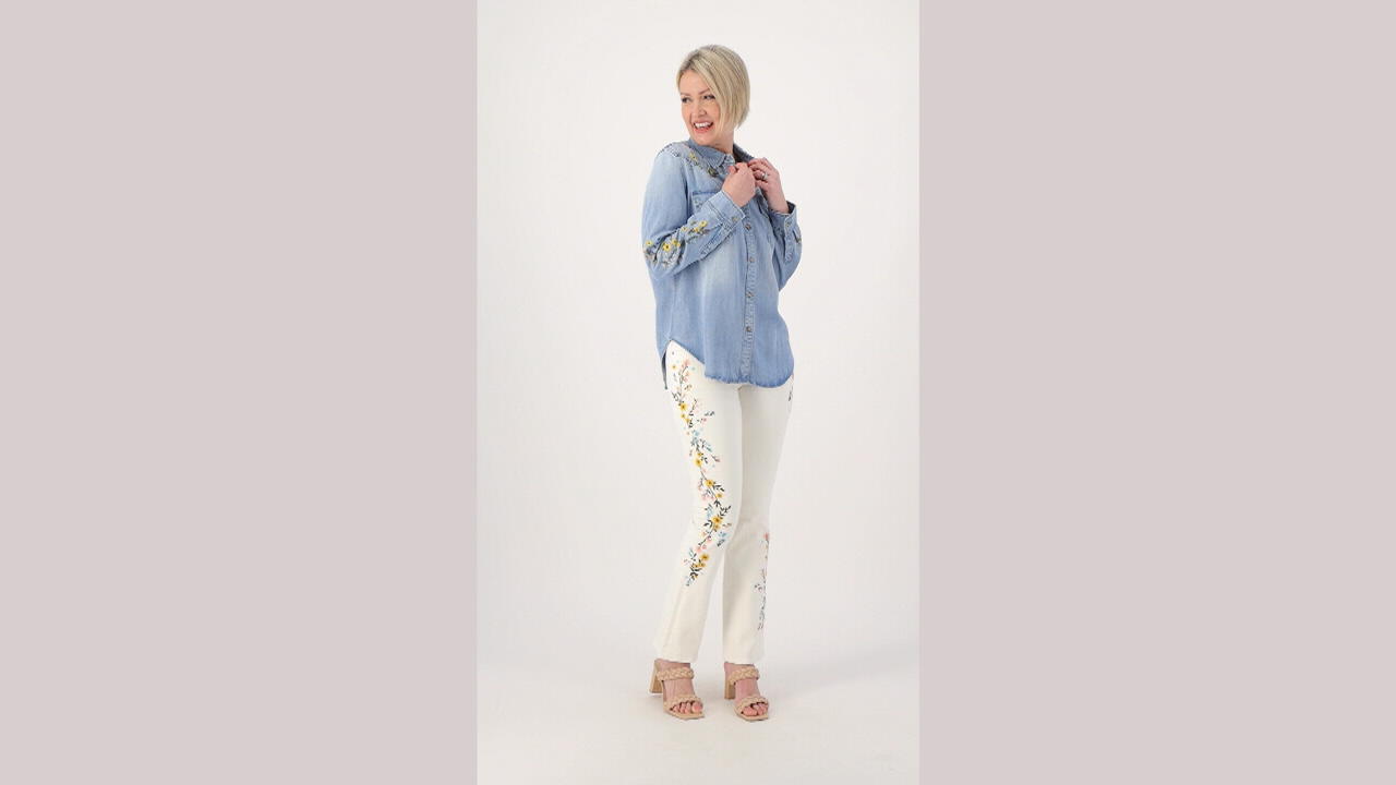 Driftwood Jeans LanaEmbroidered Denim Button Front Shirt- BlueBell