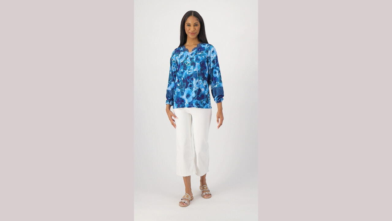 Isaac Mizrahi Live! Floral Printed Split Neck Top with Cascade Hem