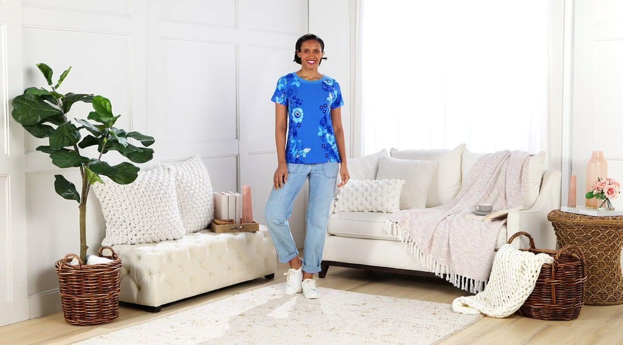 Susan Graver Courtside Social Printed Liquid Knit Cap-Sleeve Top