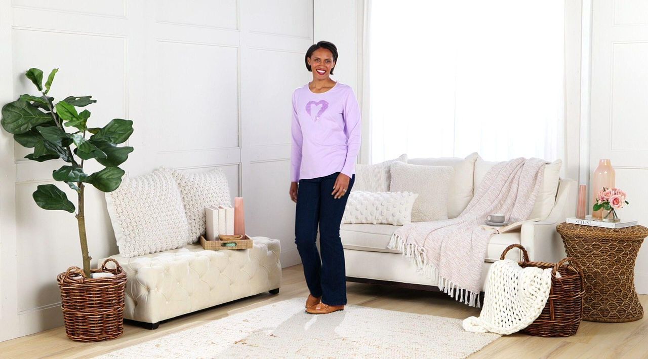 Denim & Co. Perfect Jersey Sequin Heart Round Neck Top - QVC.com