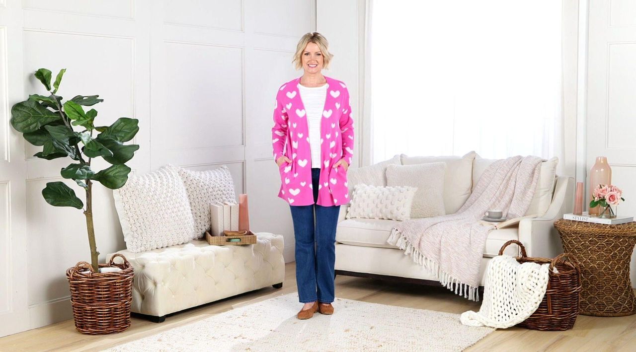 Driftwood Jeans Heart Intarsia Cardigan - Grey Heart - QVC.com
