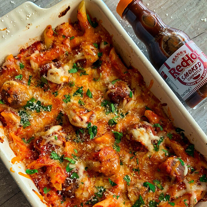 FitWaffles Smokey Chipotle Meatball Pasta Bake