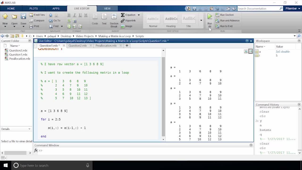 Making a matrix in a loop in MATLAB Stuart s MATLAB Videos