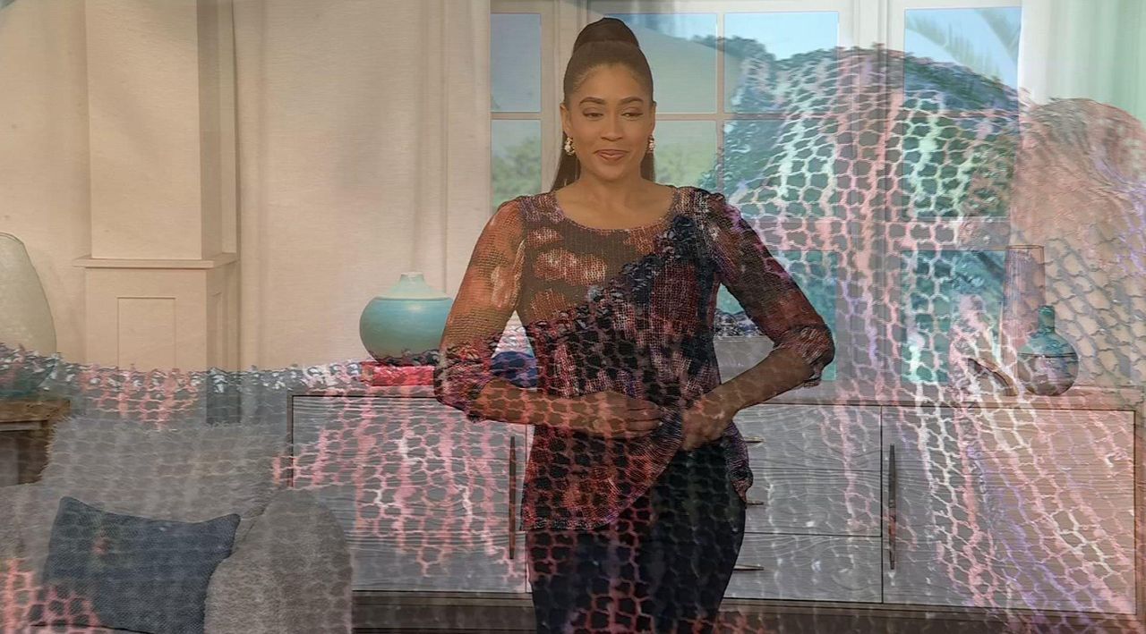 Nina Leonard Printed Mesh Knit Sequin Top with Detachable Necklace