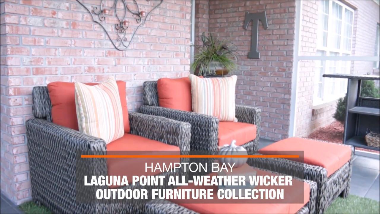 Hampton Bay Windsor 4-Piece Brown Wicker Outdoor Patio Sectional Sofa with Ottoman and CushionGuard Quarry Red Cushions