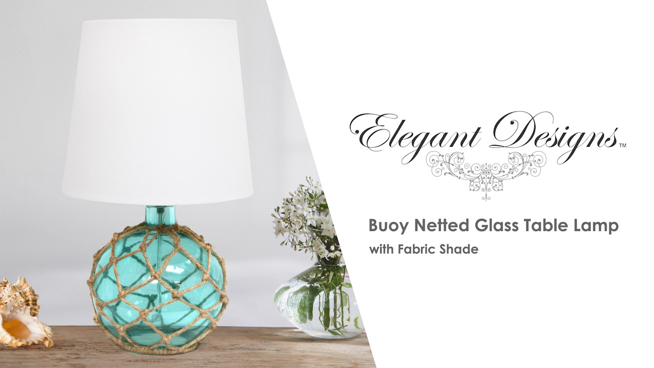 Elegant Designs Buoy Rope Nautical Netted Coastal Ocean Sea Glass Table Lamp with Fabric Shade - Clear