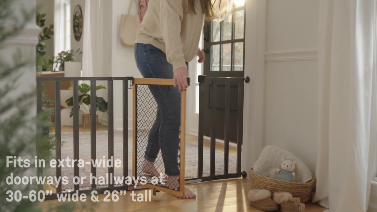 Summer Infant Thruway 60XW Series Pressure Mounted Extra Wide Pet and Baby Gate 30in. 60in. Wide 26in. Tall Honey Oak Metal 17021