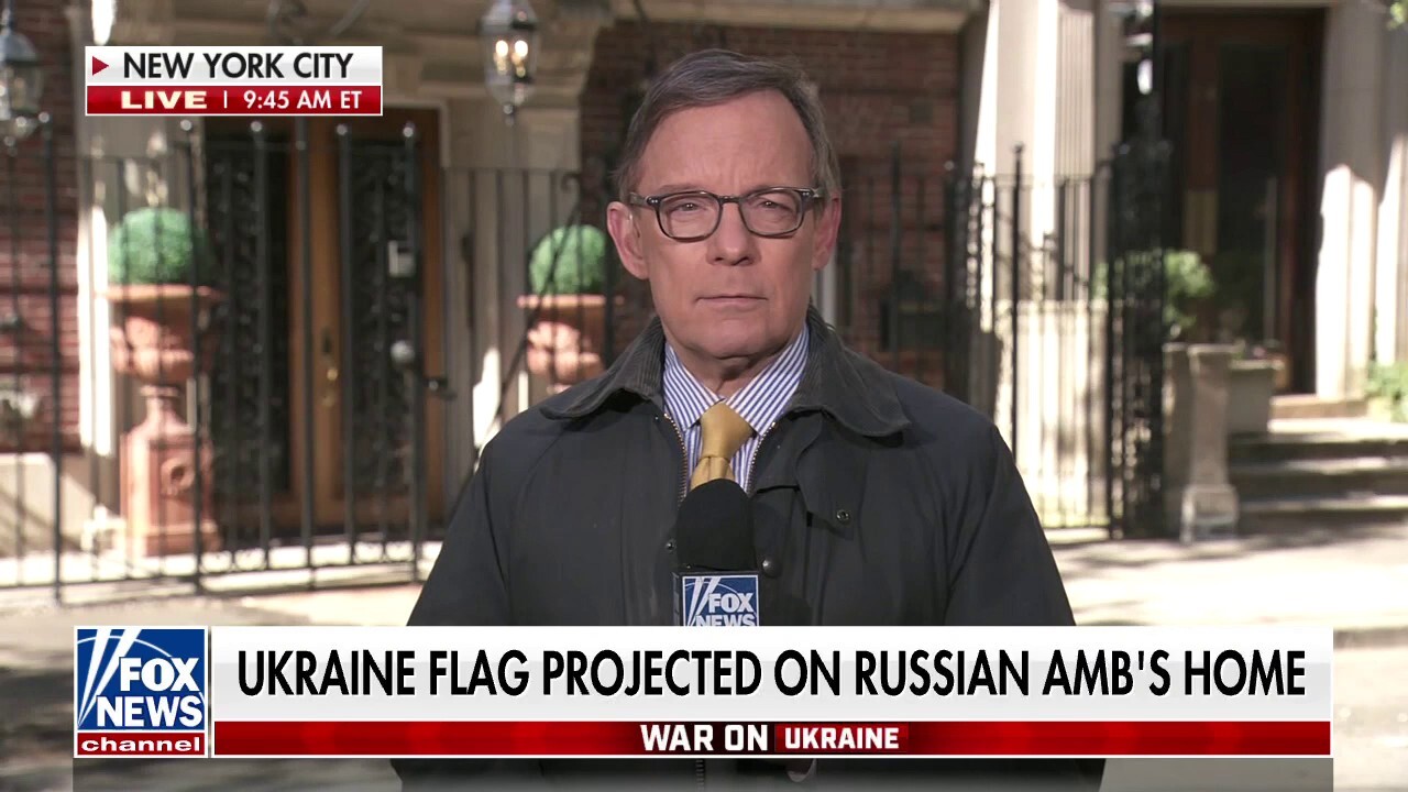 Protesters project anti-Putin slogans, Ukrainian flag on Russian ambassador's mansion