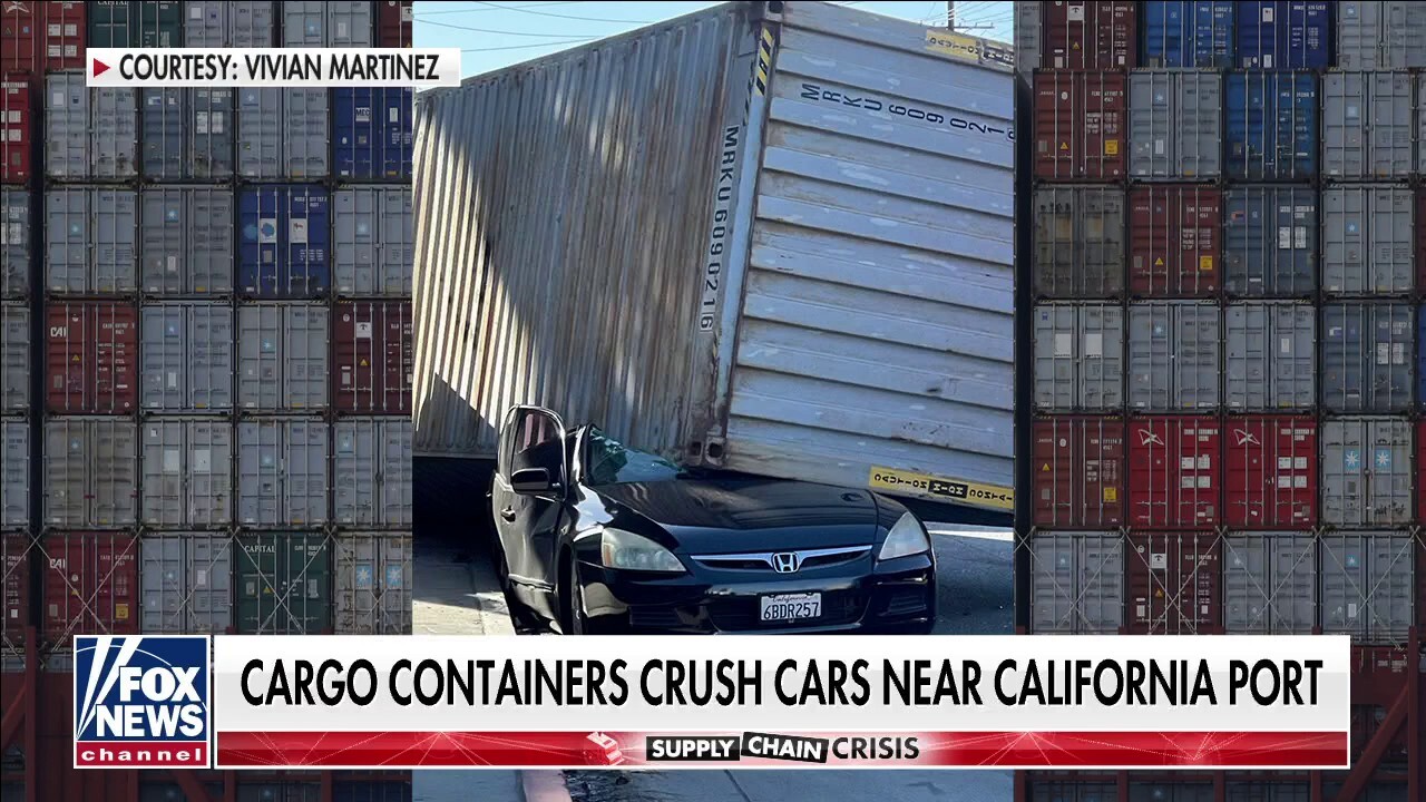 Shipping containers line California streets, crush car as result of port backlog