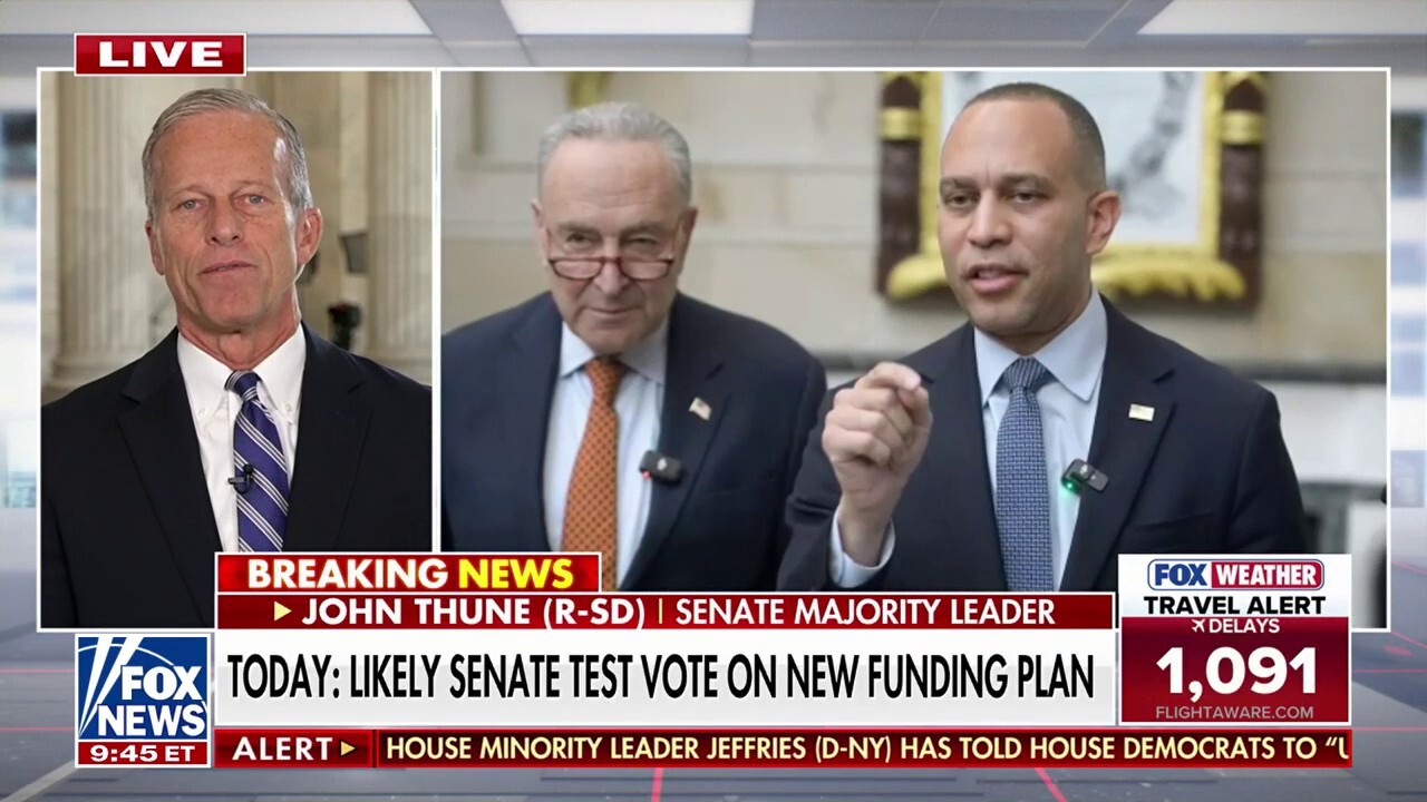 Senate Majority Leader John Thune, R-S.D., joined 'America's Newsroom' to discuss the latest on the effort to end the government shutdown as the upper chamber will likely test a vote on a new funding plan.