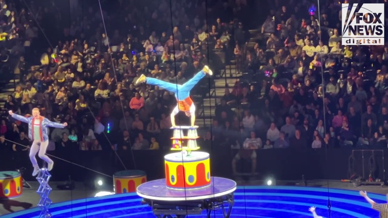 Цирков артист Ringling Bros. балансира с жонглиране, комедия, рола бола и роботизирано куче