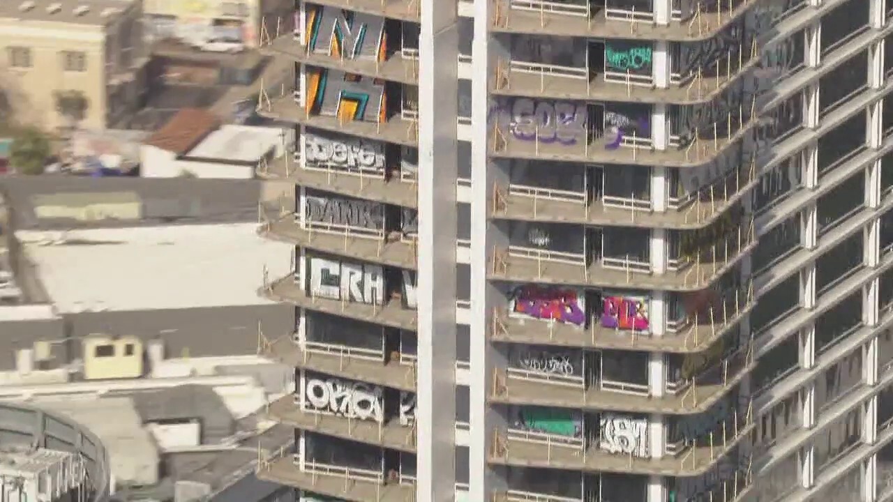 Taggers vandalize 27 floors of abandoned high-rise in Downtown Los Angeles