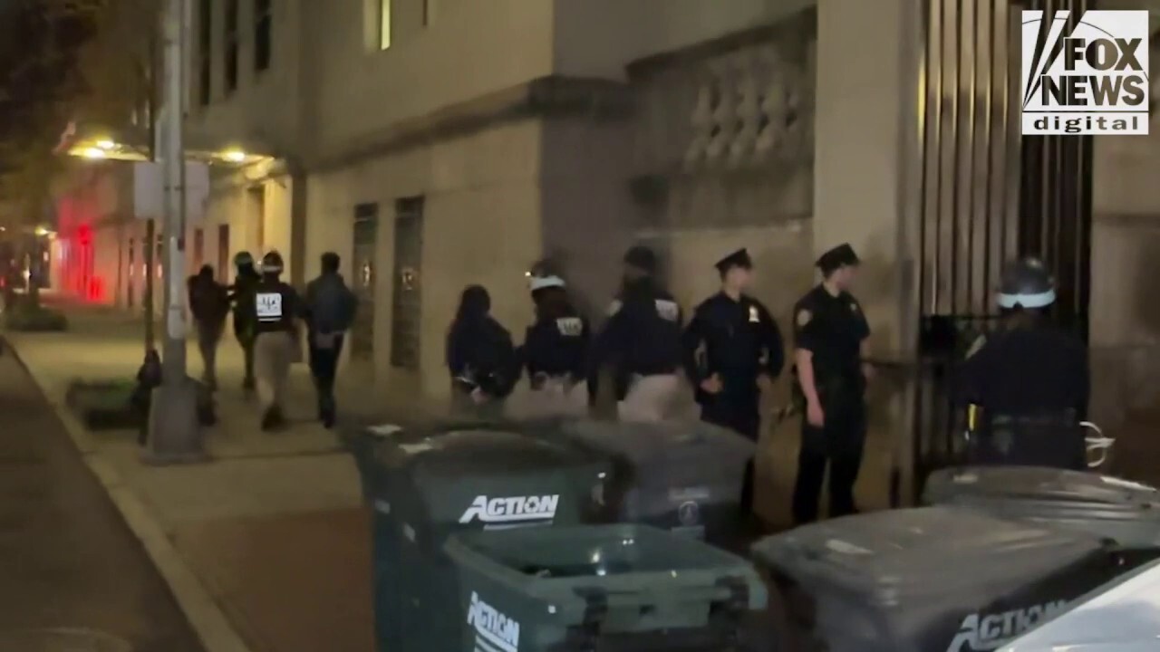 Protestors are led out of Columbia University in zip-tie handcuffs