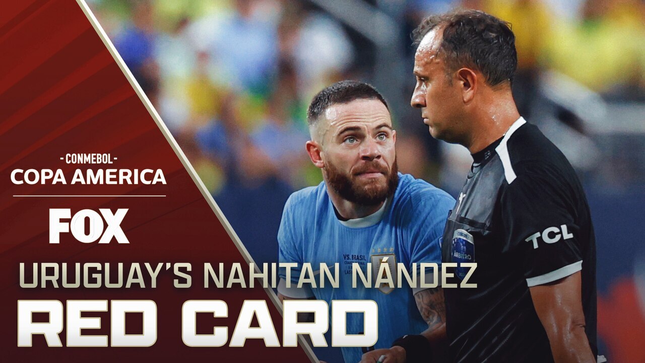 Uruguay's Nahitan Nández receives a RED CARD after tackle on Brazil's Rodrygo | Copa América