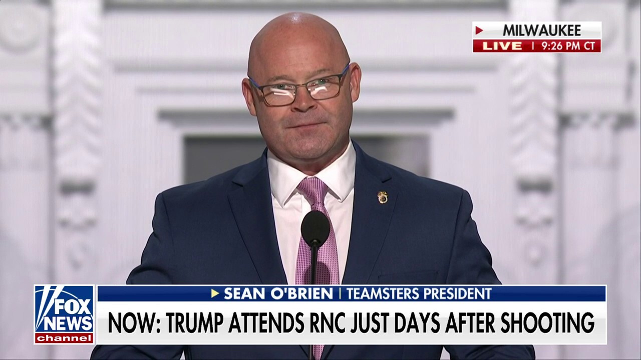 Teamsters President Sean O’Brien speaks about former President Trump and the growing relationship between the Teamsters and the GOP at the Republican National Convention in Milwaukee.