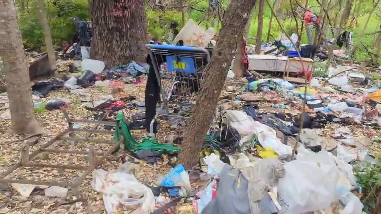 Отломки от лагер за бездомни в Остин, падащи в рекичка: „Insanity“
