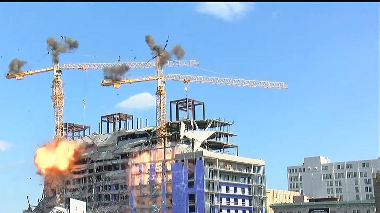 Implosion of unstable cranes at NOLA Hard Rock collapse site