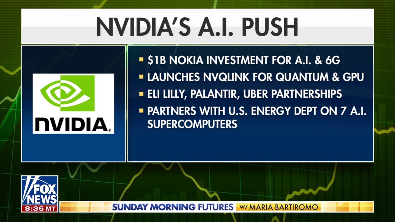 Nvidia CEO Jensen Huang joins "Sunday Morning Futures" to discuss the $5 trillion company’s move to bring production home, new AI partnerships and the impact of Trump and Xi Jinping's one-year trade truce.