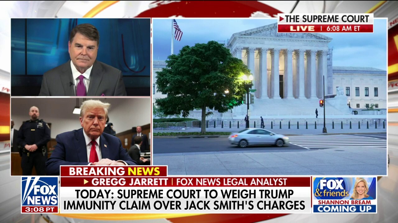 Fox News legal analyst Greg Jarrett joined 'Fox & Friends' to discuss his take on presidential immunity for former President Trump as the Supreme Court hears arguments stemming from Jack Smith's charges.