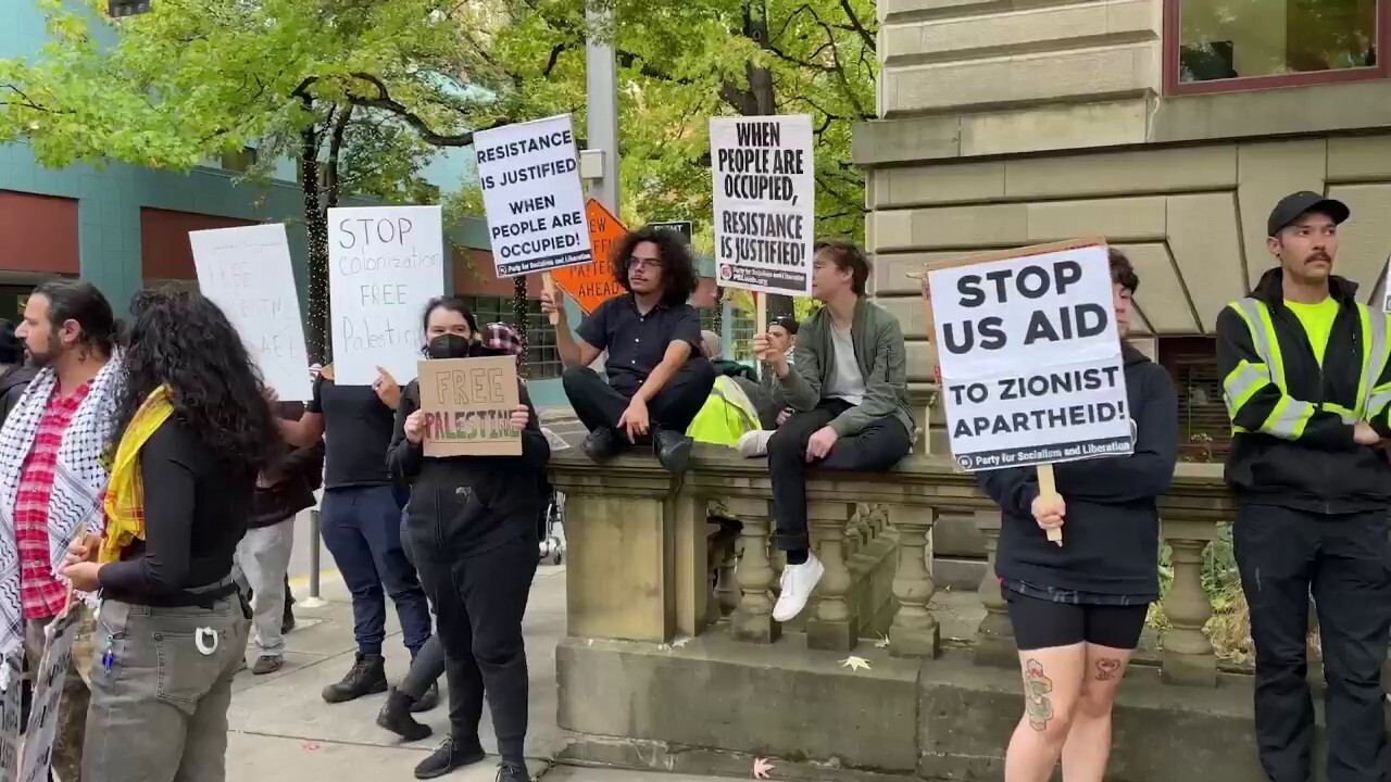 Pro-Palestinian demonstrators marched through the streets of downtown Portland