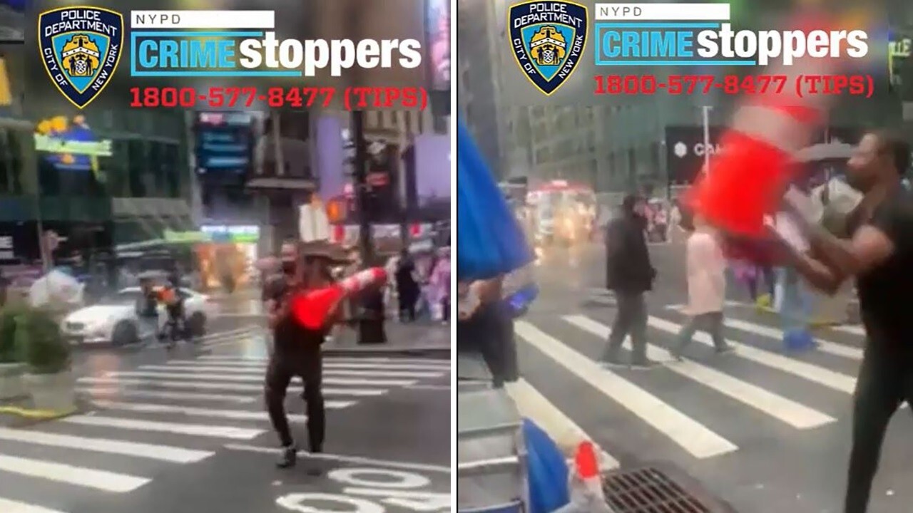 NYC street food vendor attacked in Times Square with milk crate, traffic cones, video shows