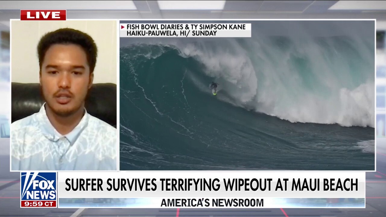 Surfer Ty Simpson-Kane joins 'America's Newsroom' after surviving a massive wipeout, explains how he trains for the situation.