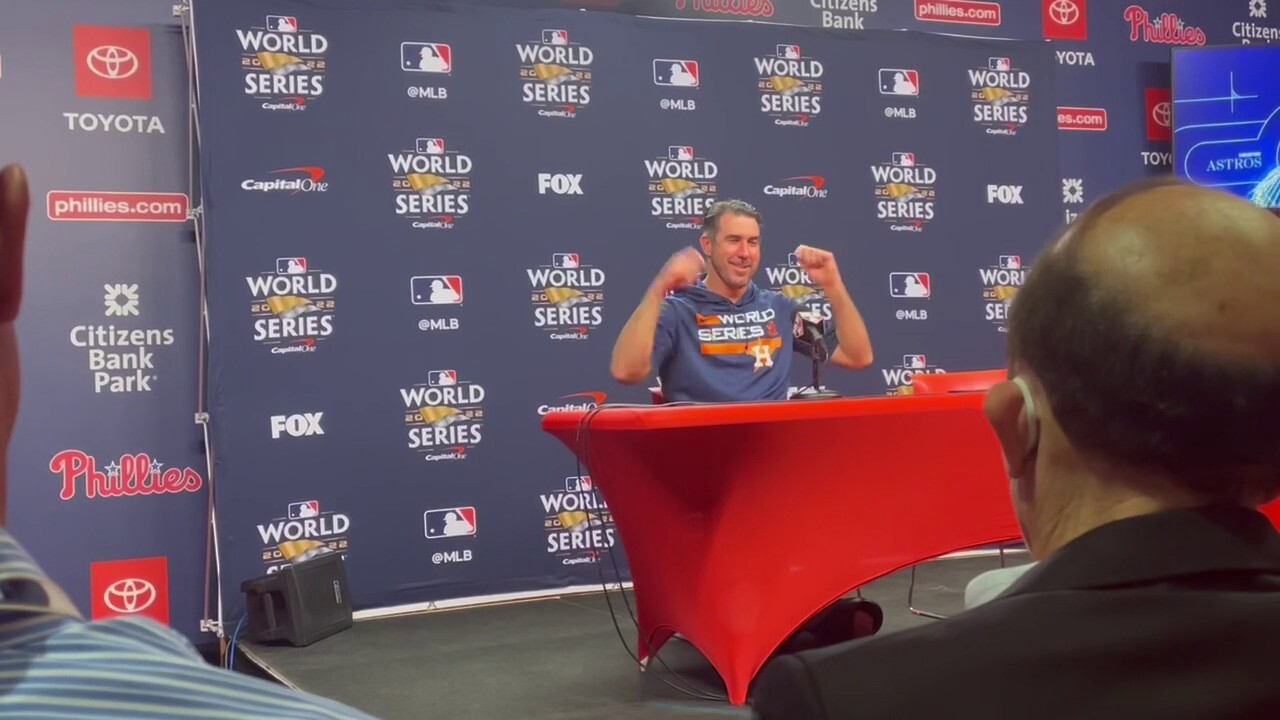 Astros' Justin Verlander talks to reporters after World Series Game 5 win