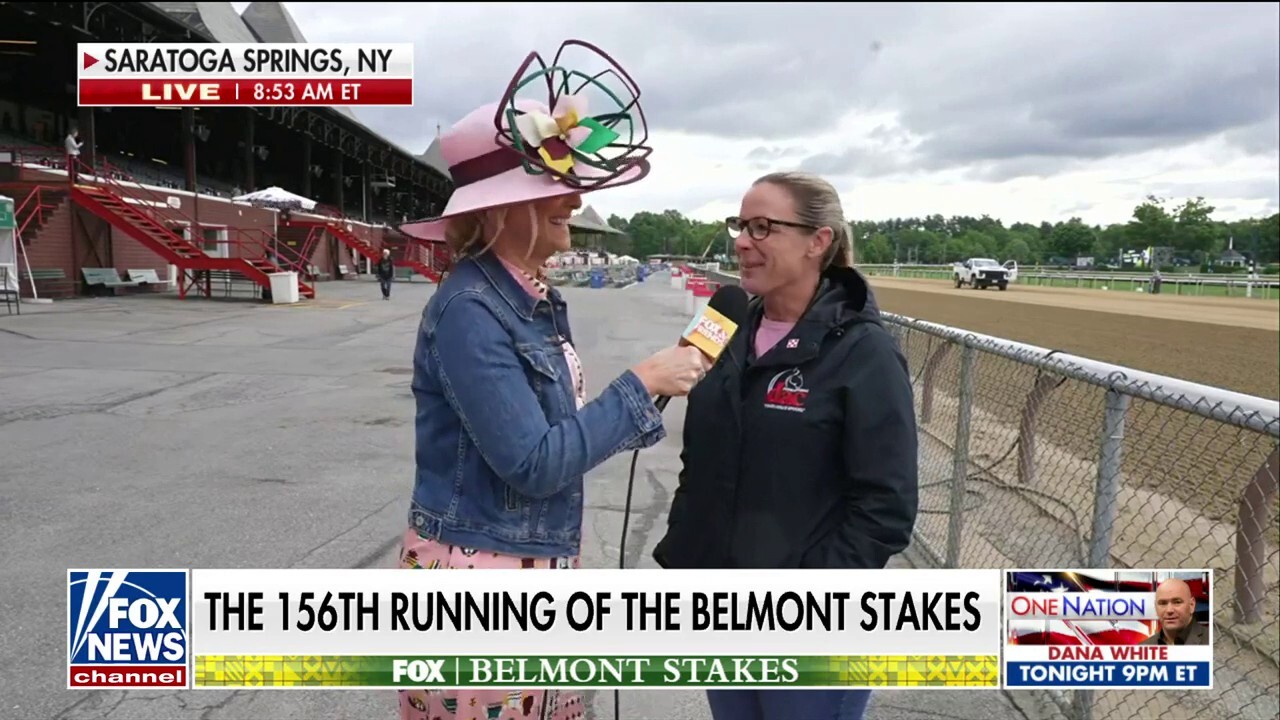 Fox News senior meteorologist Janice Dean speaks with the 2023 Belmont Stakes winning trainer Jena Antonucci at Saratoga Springs, N.Y.