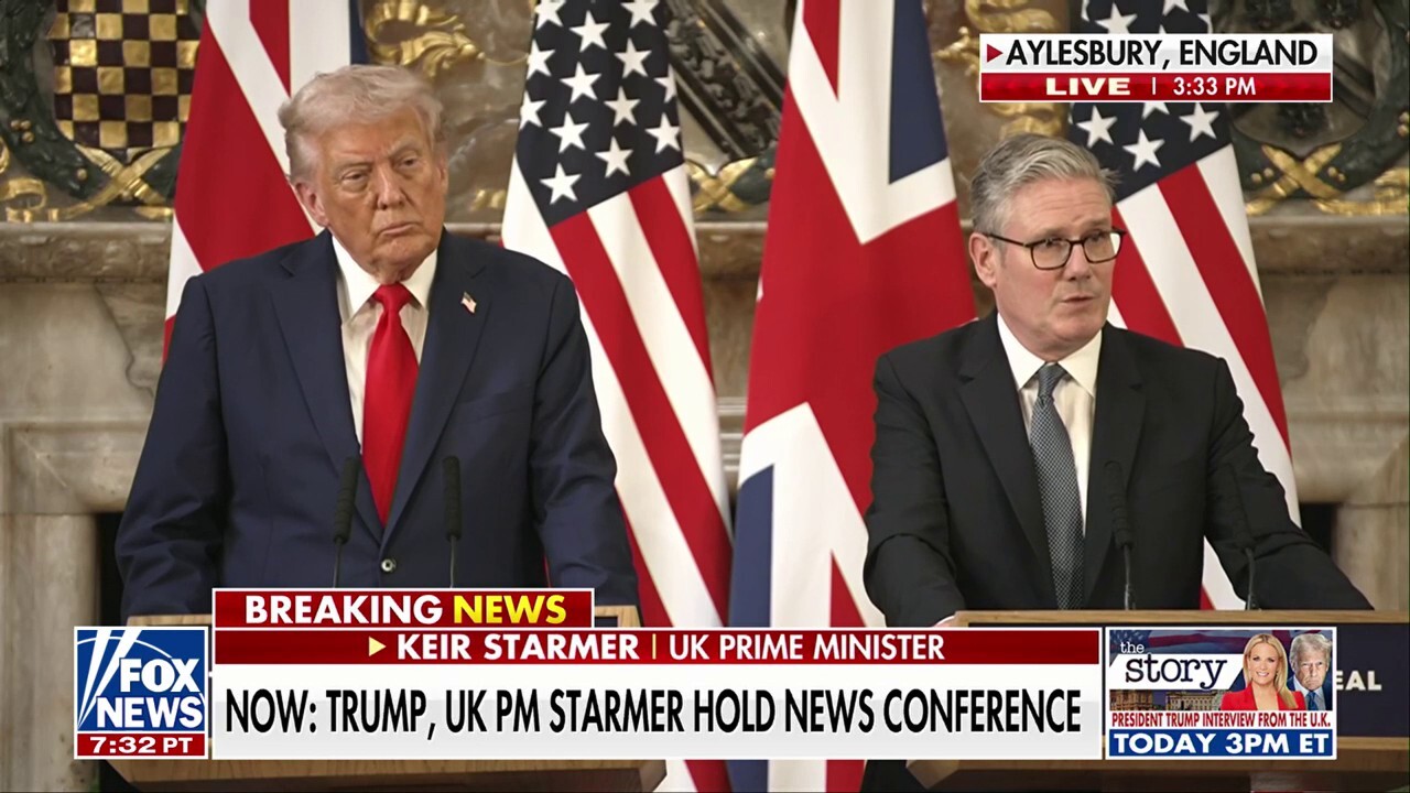 President Donald Trump and UK Prime Minister Keir Starmer hold a joint news conference from Aylesbury, England, during the president's second official state visit to the country.