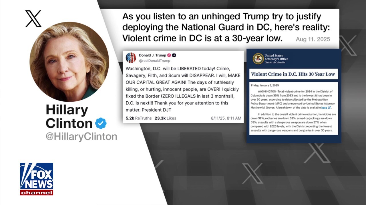 Hillary Clinton sounds alarm on 'unhinged' Trump as he takes federal action against DC crime surge