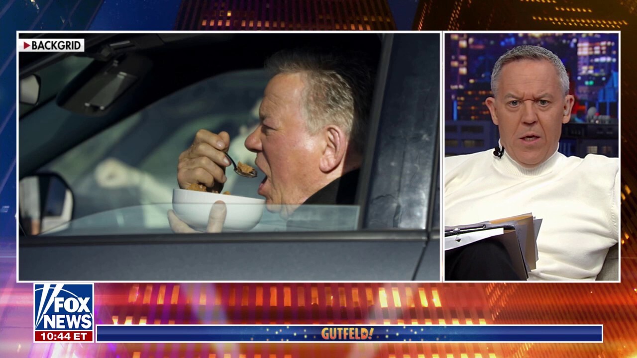 Fox News host Greg Gutfeld and the panel react to Canadian actor William Shatner eating a bowl of cereal in his car on ‘Gutfeld!’