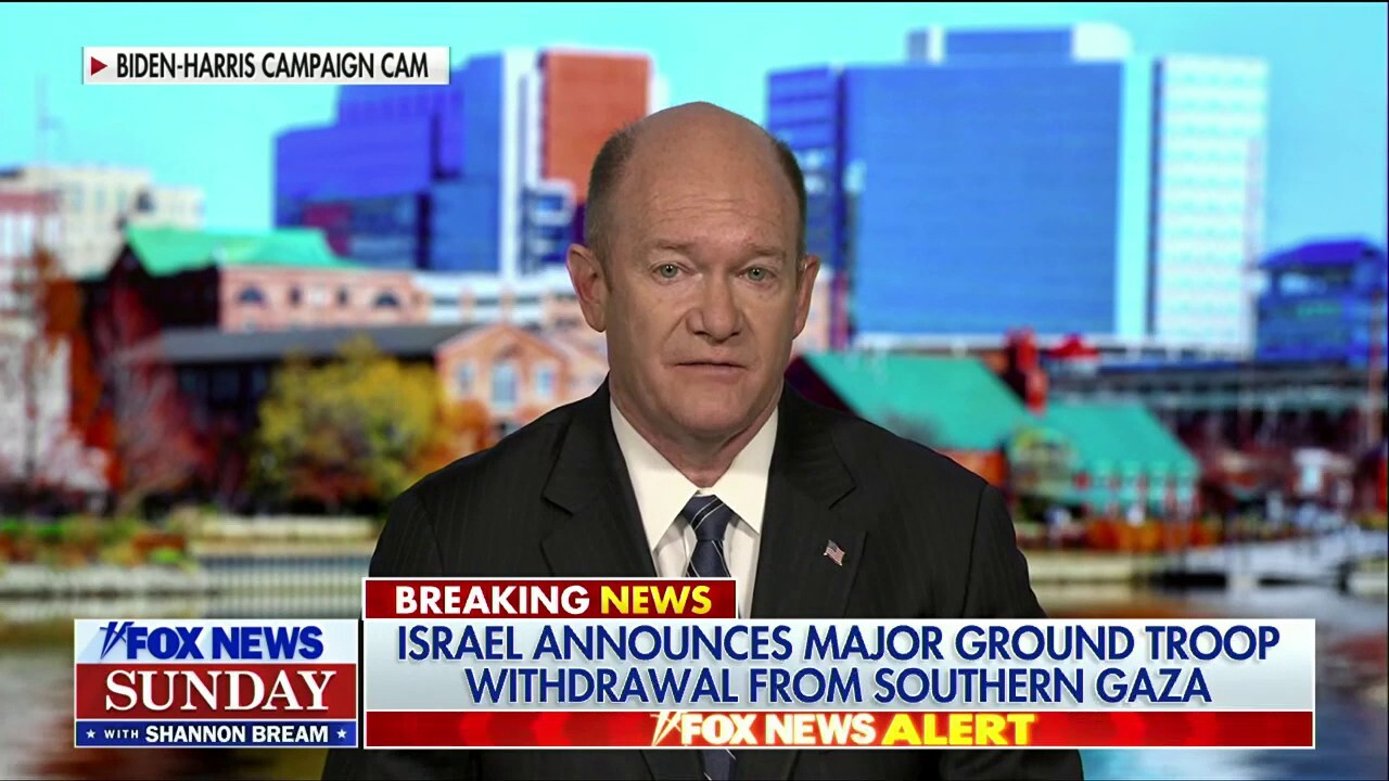 Sen. Chris Coons, D-Del., reacts to Israel's announcement of troop withdrawal from southern Gaza, support from the U.S. and the calls for a cease-fire.