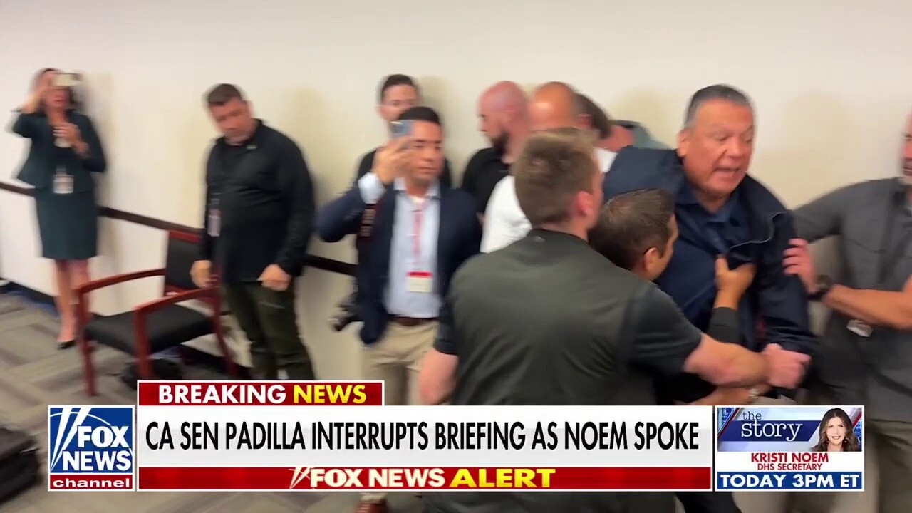 Calif Sen. Alex Padilla detained after storming Noem news conference