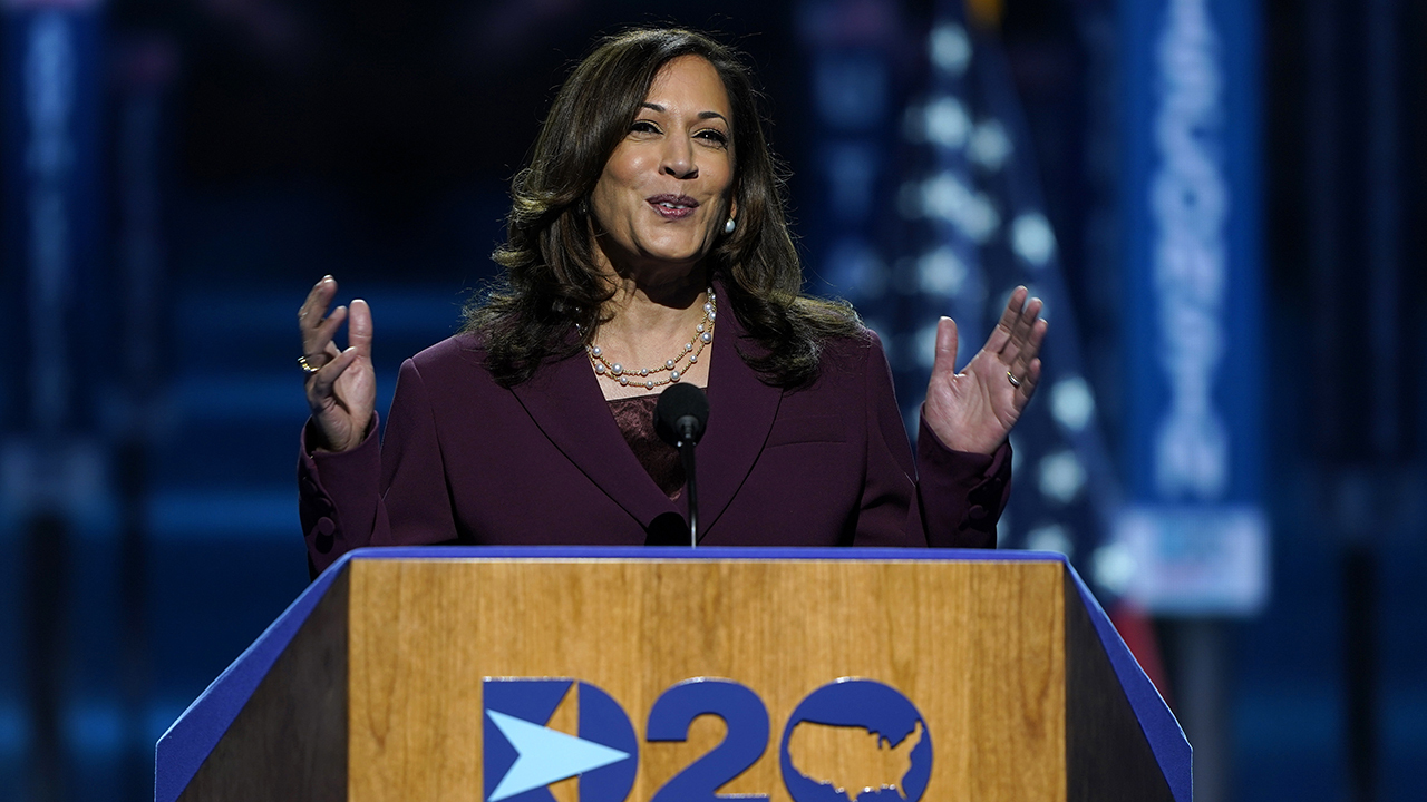 Democratic vice presidential nominee Kamala Harris speaks at the third night of the 2020 Democratic National Convention.