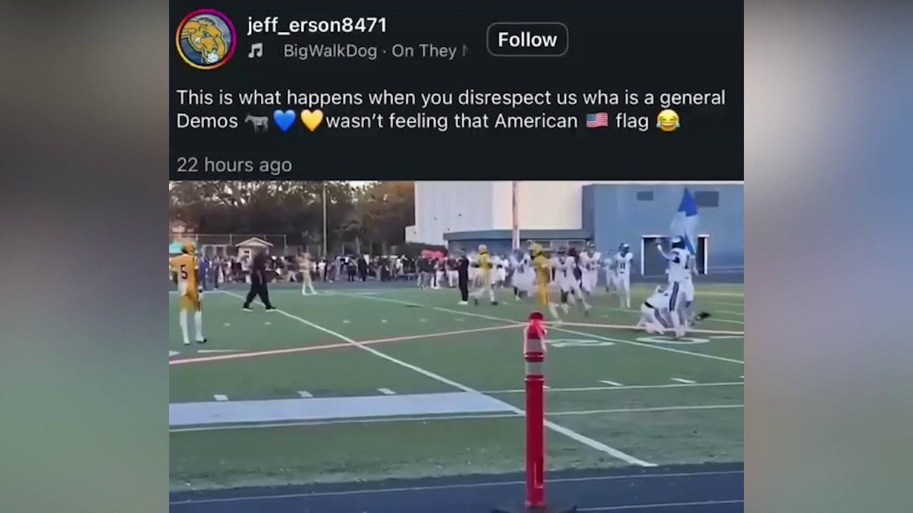Oregon football player tackles opponent carrying American flag onto field