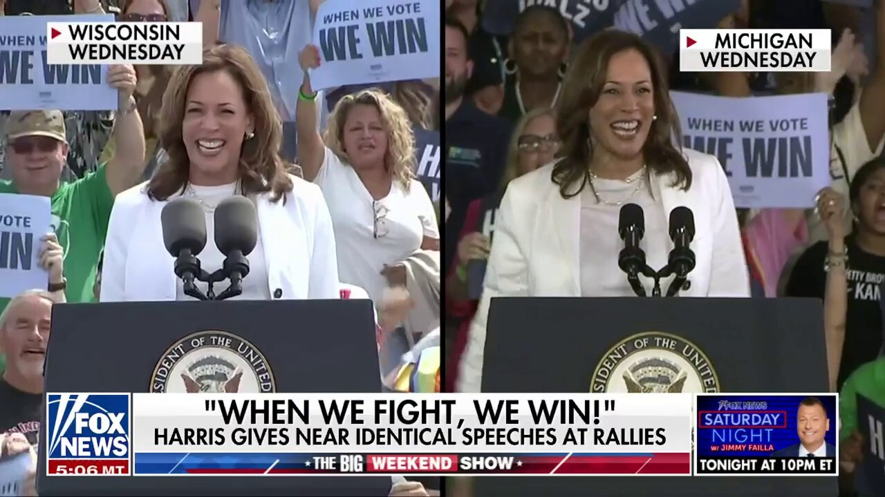 Kamala Harris gives near identical speeches at separate rallies