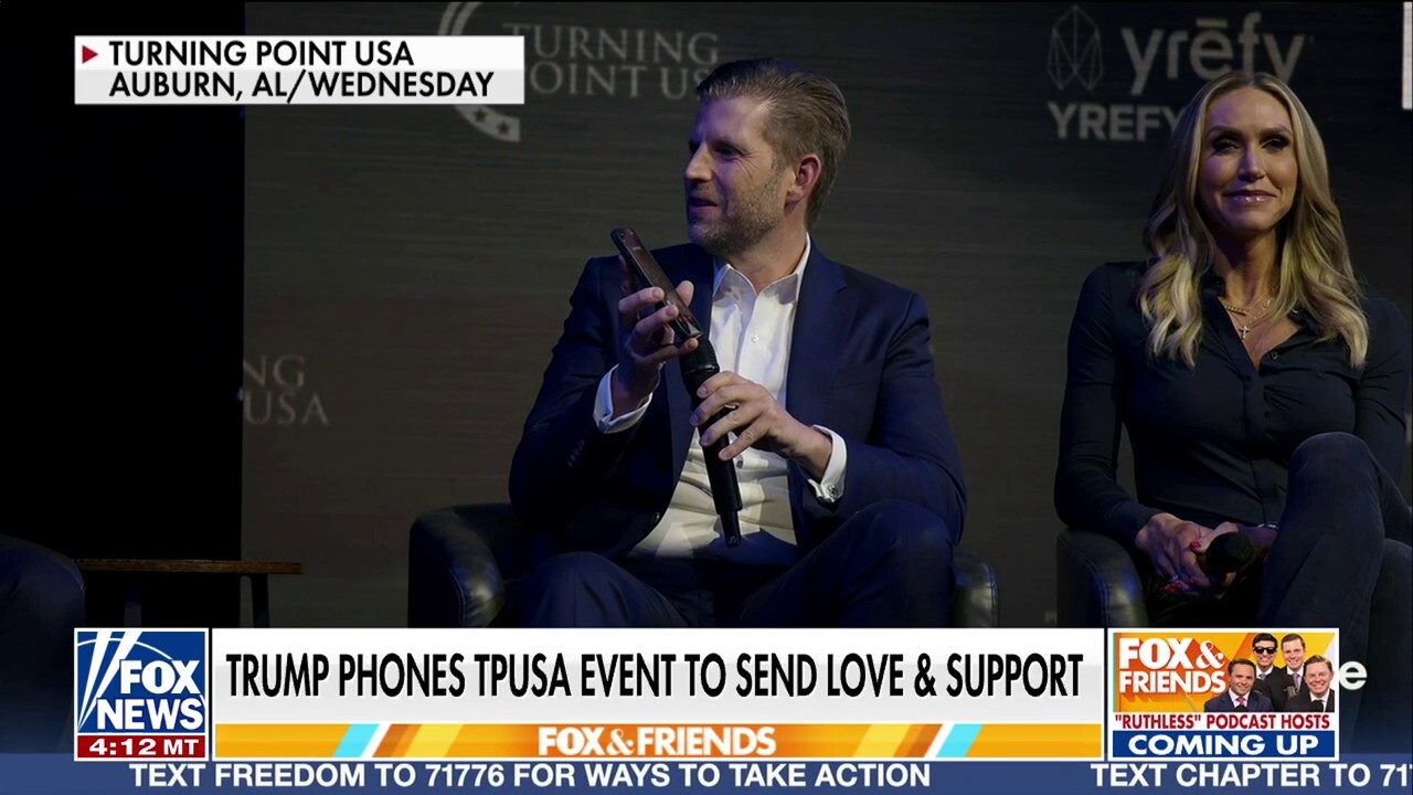President Donald Trump called into a Turning Point USA event Eric and Lara Trump headlined at Auburn University.