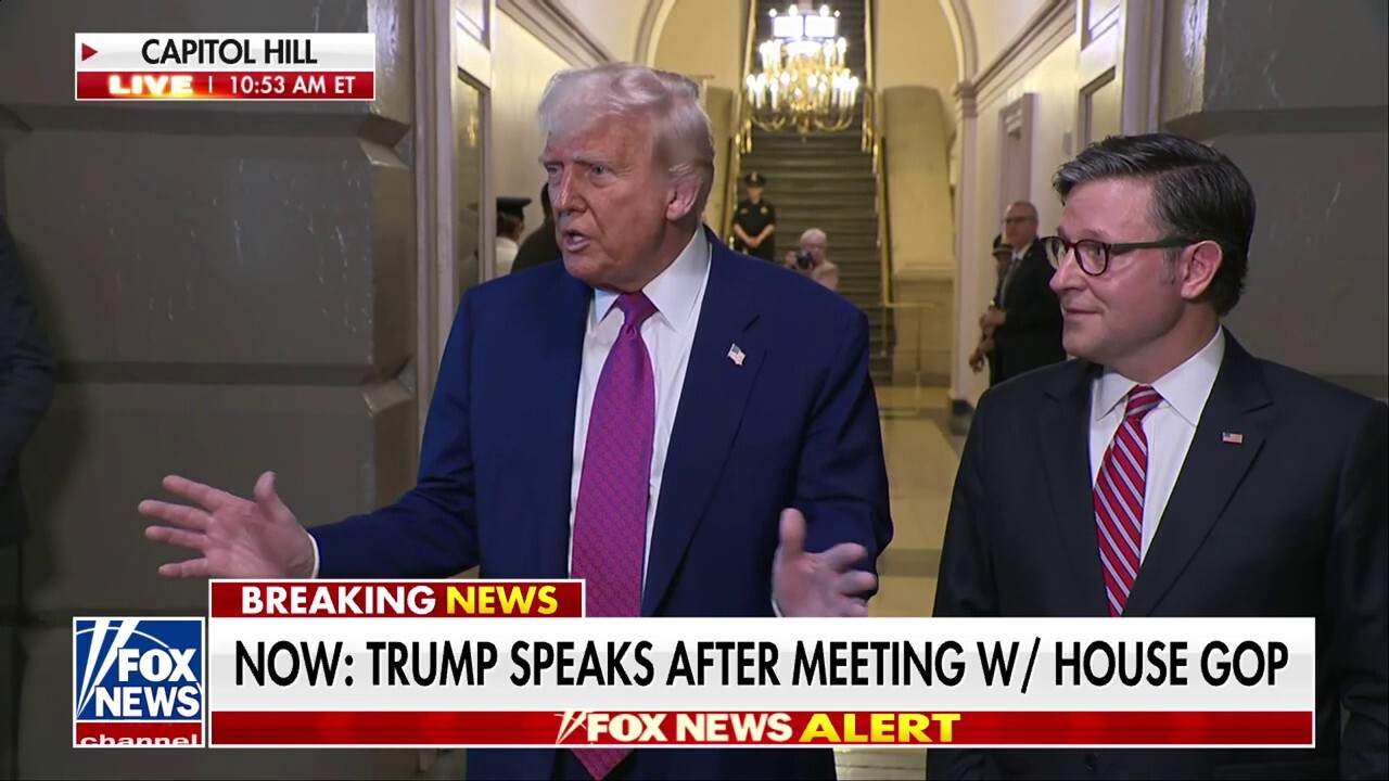 President Donald Trump speaks to press after meeting with House Republicans to lobby for his 'big, beautiful bill.' 