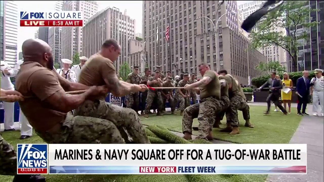 The U.S. Navy and Marines compete in a tug-of-war battle on FOX Square ahead of the sea service celebration, Fleet Week in NYC.
