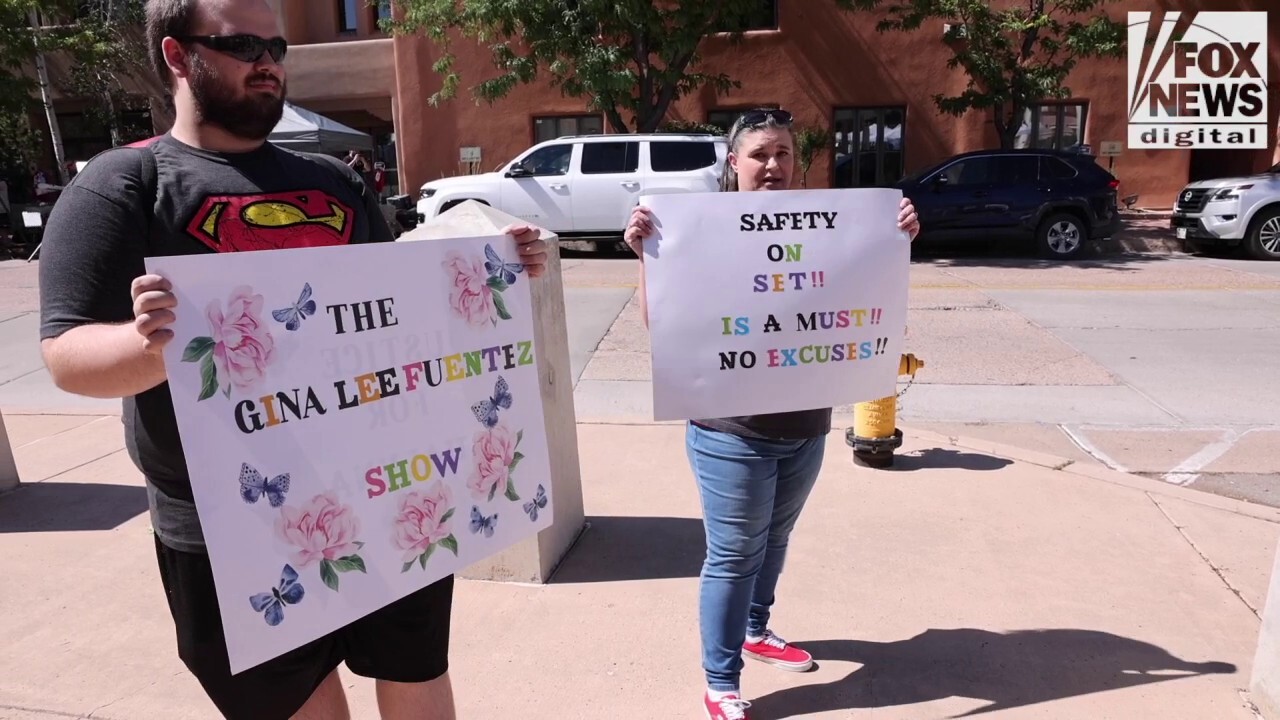 Demonstrators outside court during Alec Baldwin's 'Rust' shooting trial