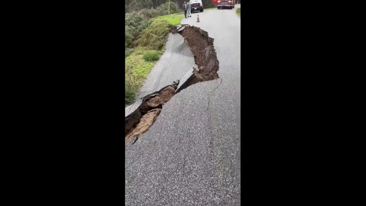 California storms: Video shows road collapsing in San Mateo County 