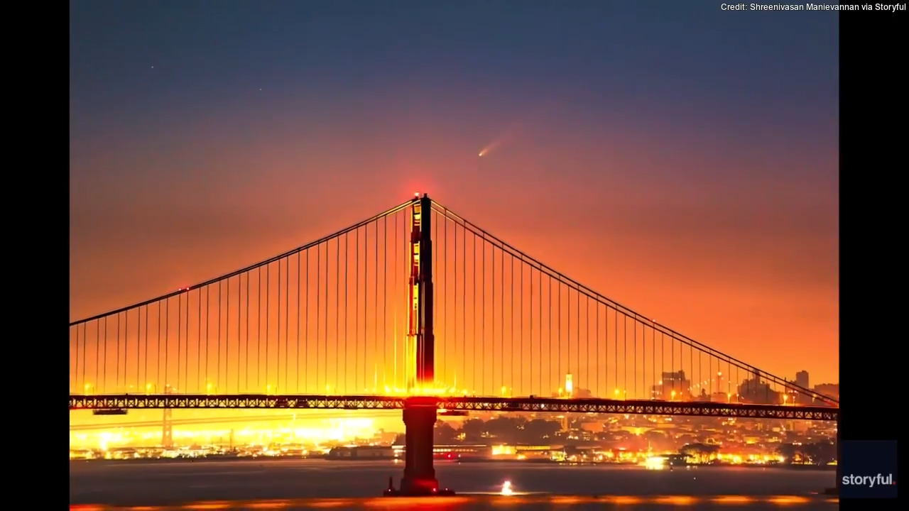 Comet makes appearance over San Francisco's Golden Gate Bridge in stunning sunrise moment