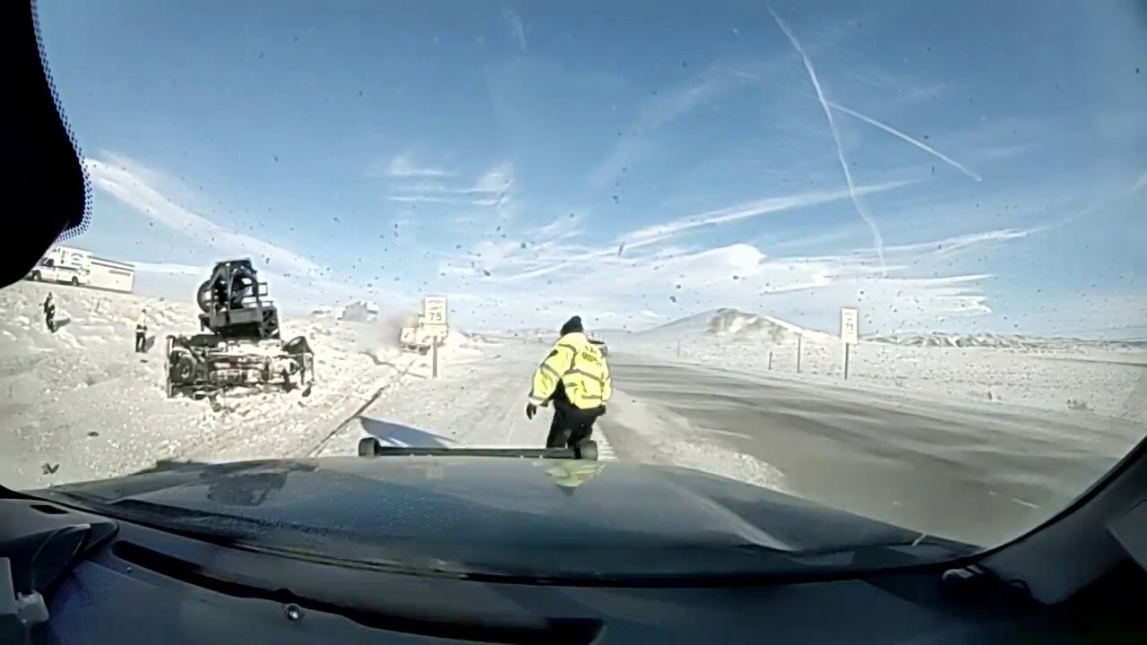 Wyoming Highway Patrol trooper nearly hit by semi-truck going off-road