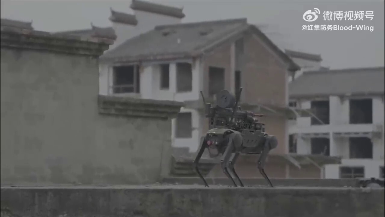 A Chinese defense contractor demonstrates a drone-flying, armed robodog. (Blood-Wing)