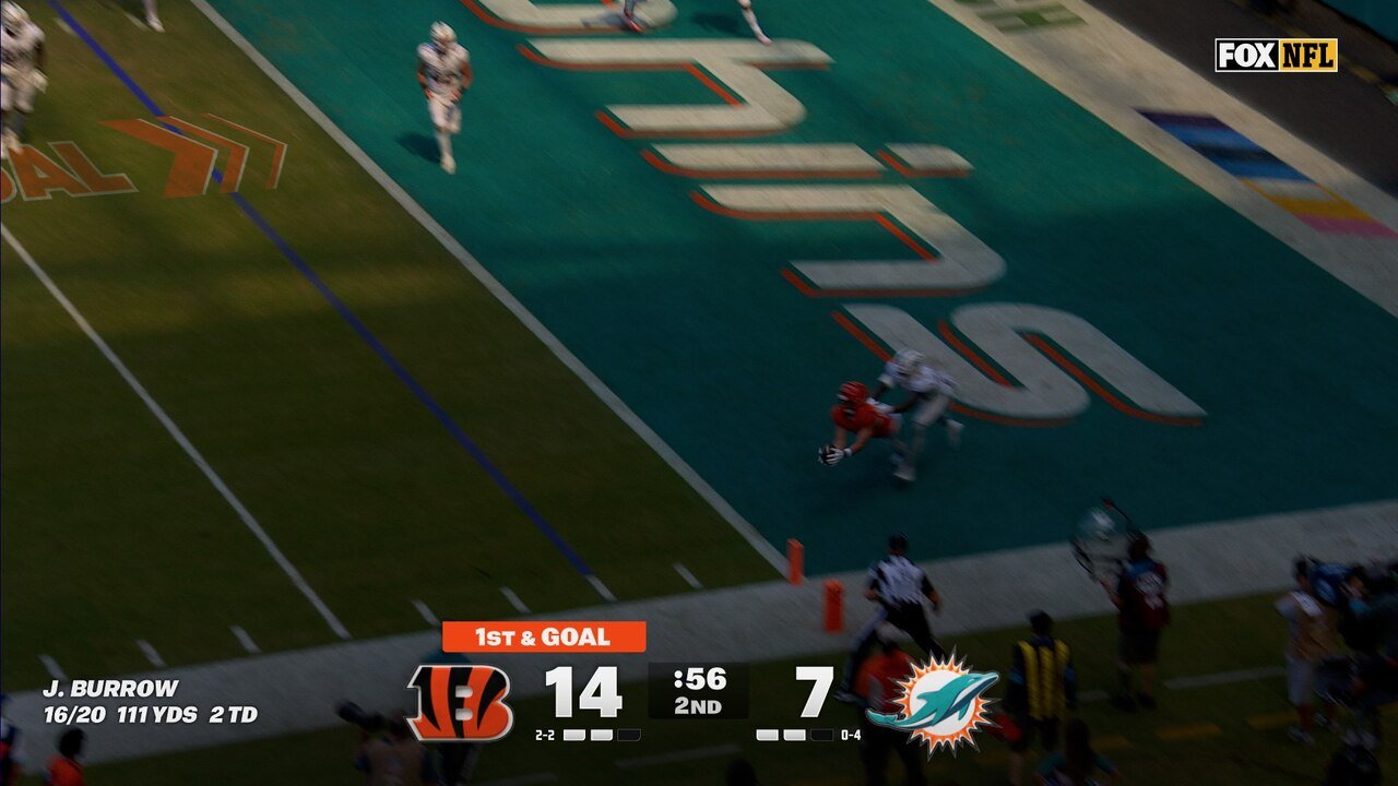 Joe Burrow finds Tanner Hudson for a touchdown, extending Bengals' lead over Dolphins
