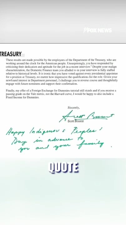 Bessent ends snarky letter to Warren with SCATHING handwritten note