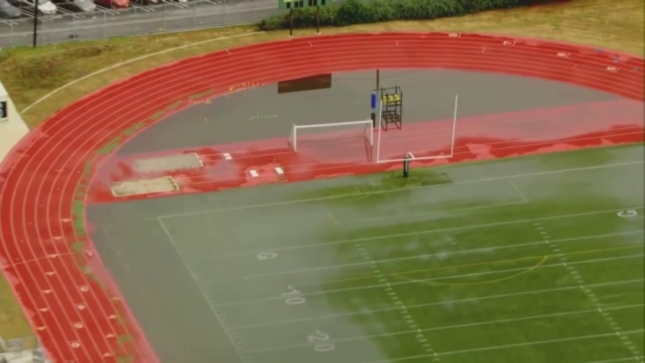 California football field floods with water during Tropical Storm Hilary 