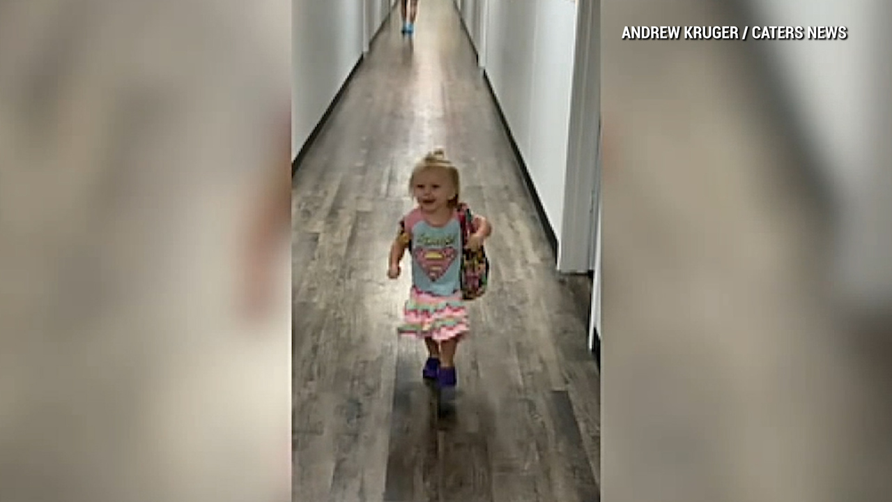 Excited toddler falls while running to greet dad after school Fox
